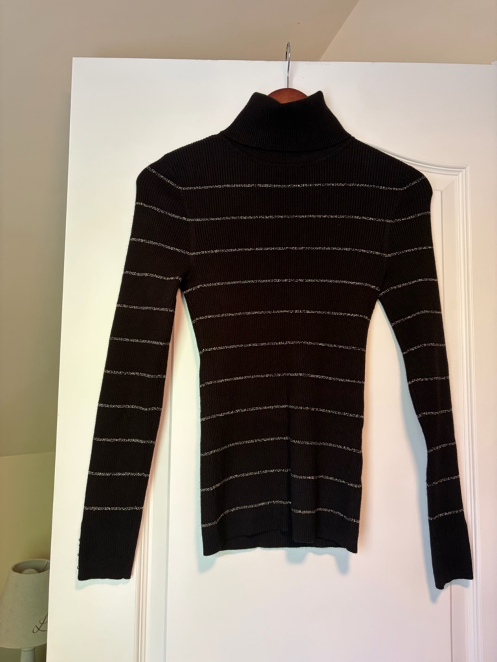 White House Black Market Black Turtleneck with Metallic Stripes